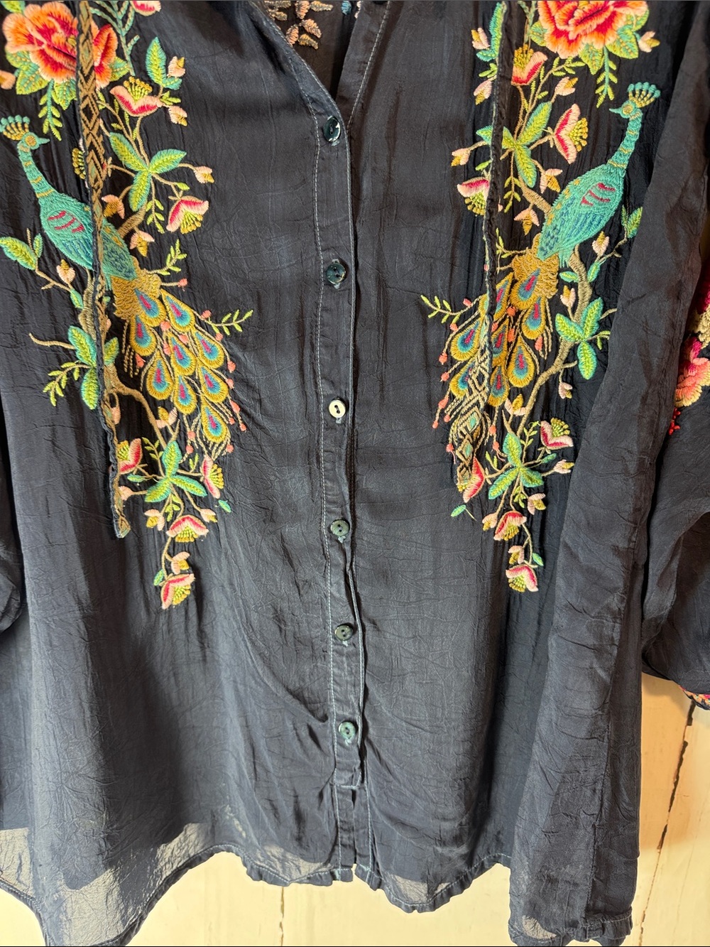 Johnny Was Navy Embroidered Peacock Button-Front Blouse - Picture 9 of 10
